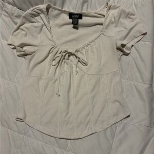 Ribbed Tie-Front Short Sleeve Top in Cream